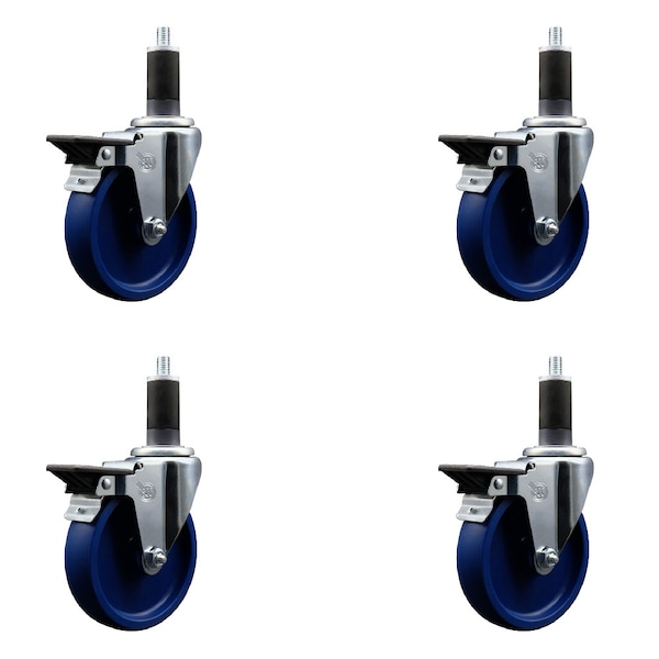 5'' Solid Poly Swivel 1-1/4'' Expanding Stem Caster Set with Brake, 4PK